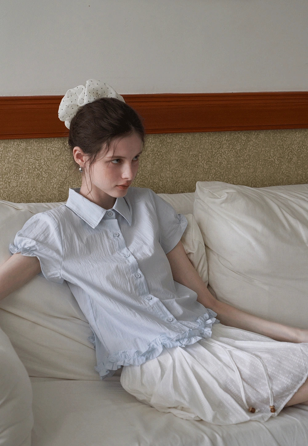 Lightweight Ruffle Trim Short Sleeve Gömlek