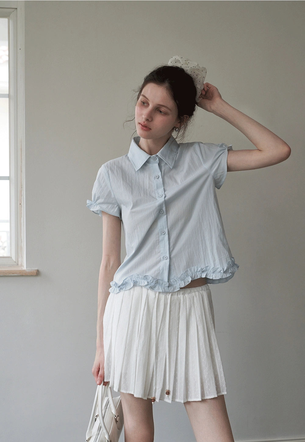 Lightweight Ruffle Trim Short Sleeve Gömlek
