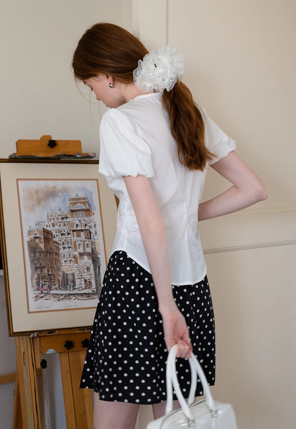 Lace V-Neck Puff Sleeve Tişört