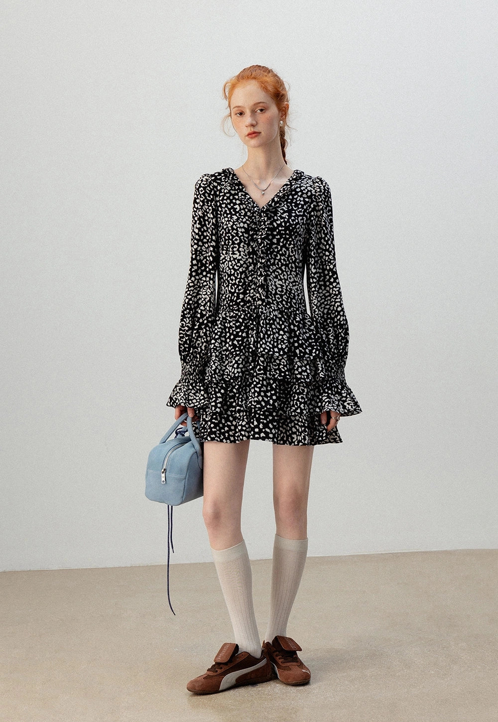 Monochrome Print Ruffle Elbise