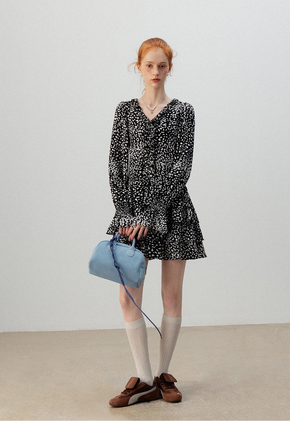 Monochrome Print Ruffle Elbise