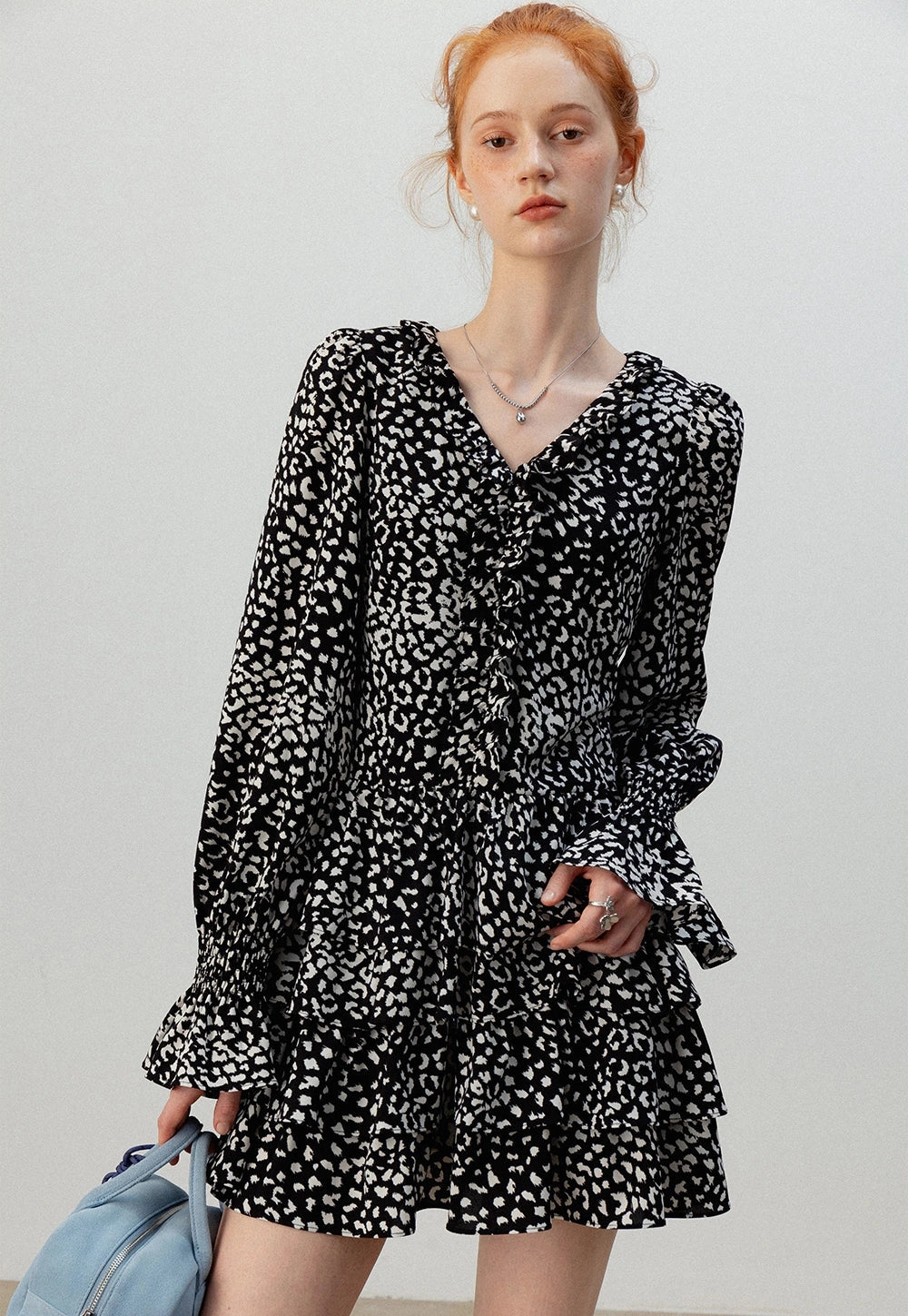 Monochrome Print Ruffle Elbise