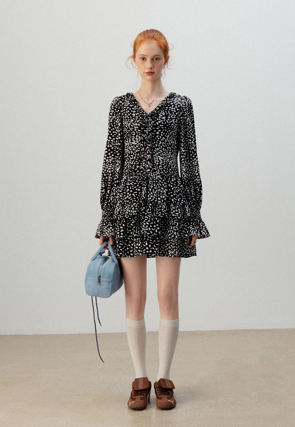 Monochrome Print Ruffle Elbise