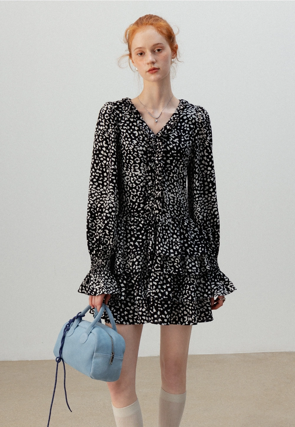 Monochrome Print Ruffle Elbise