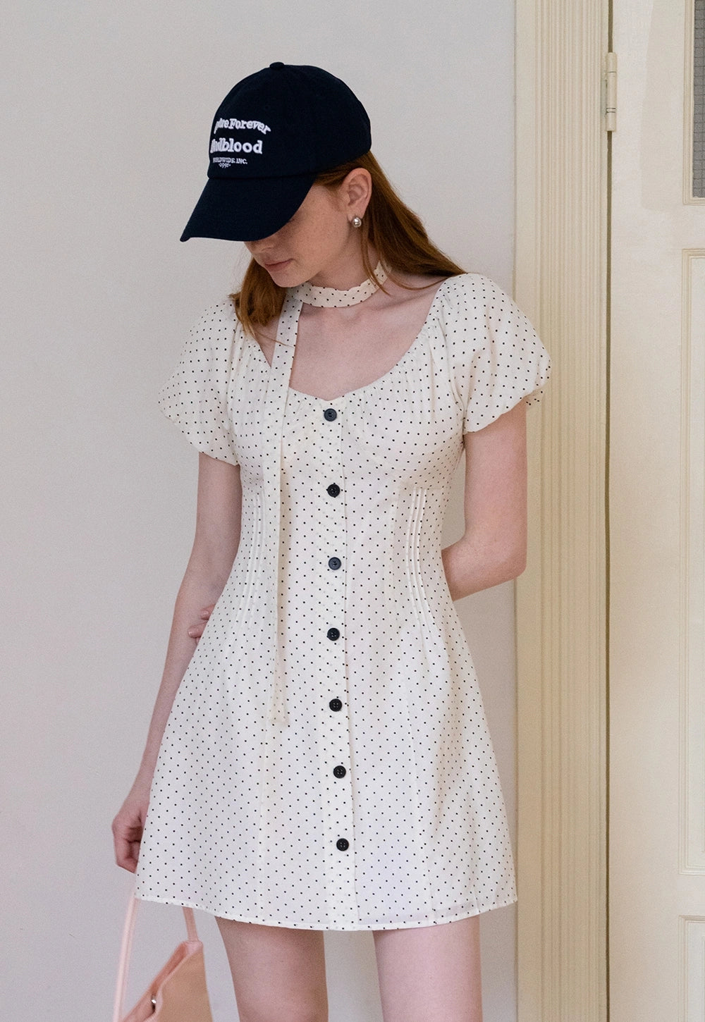 Women's Polka Dot Button-Front Puff Elbise