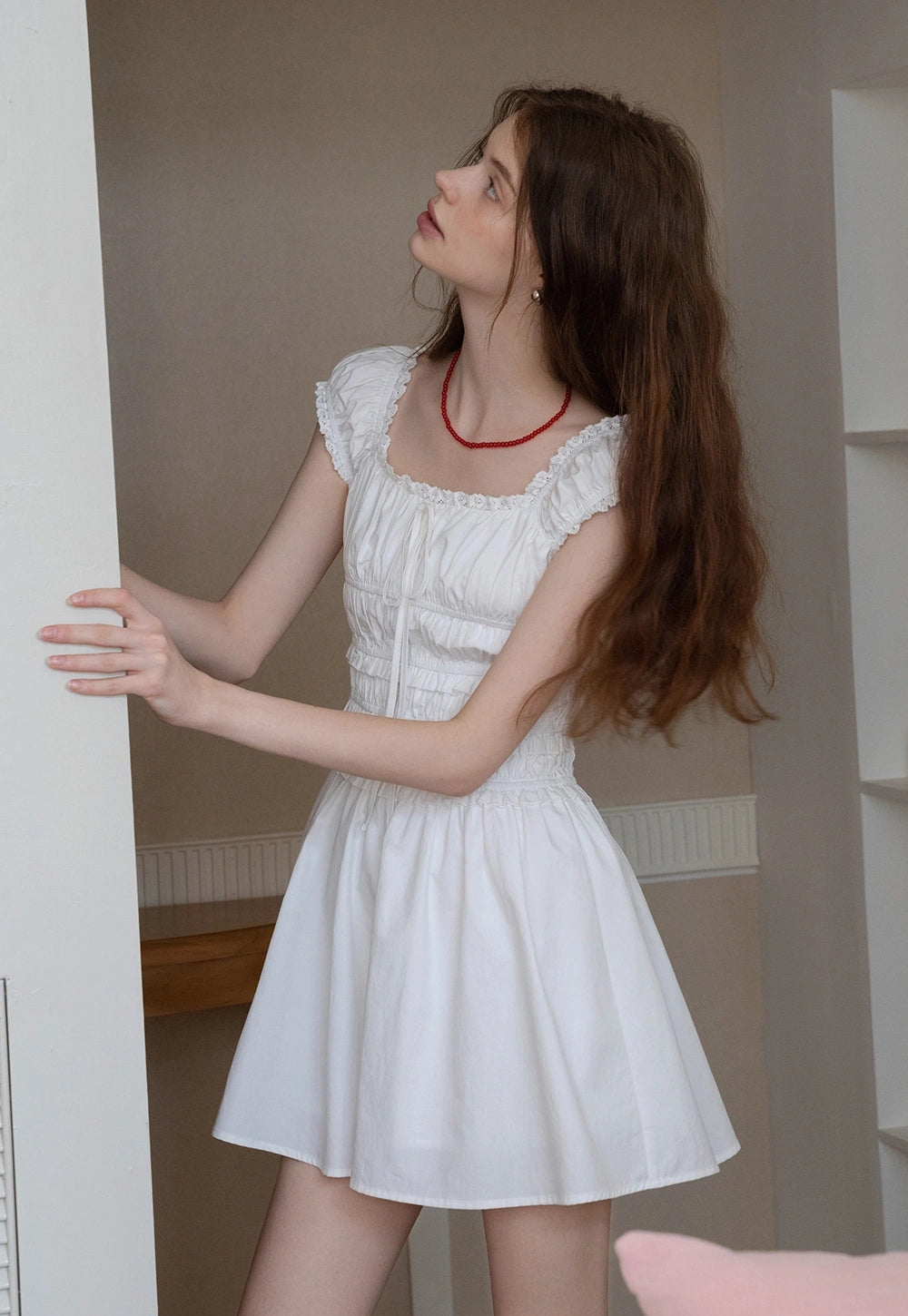 White Ruched Puff Sleeve Elbise