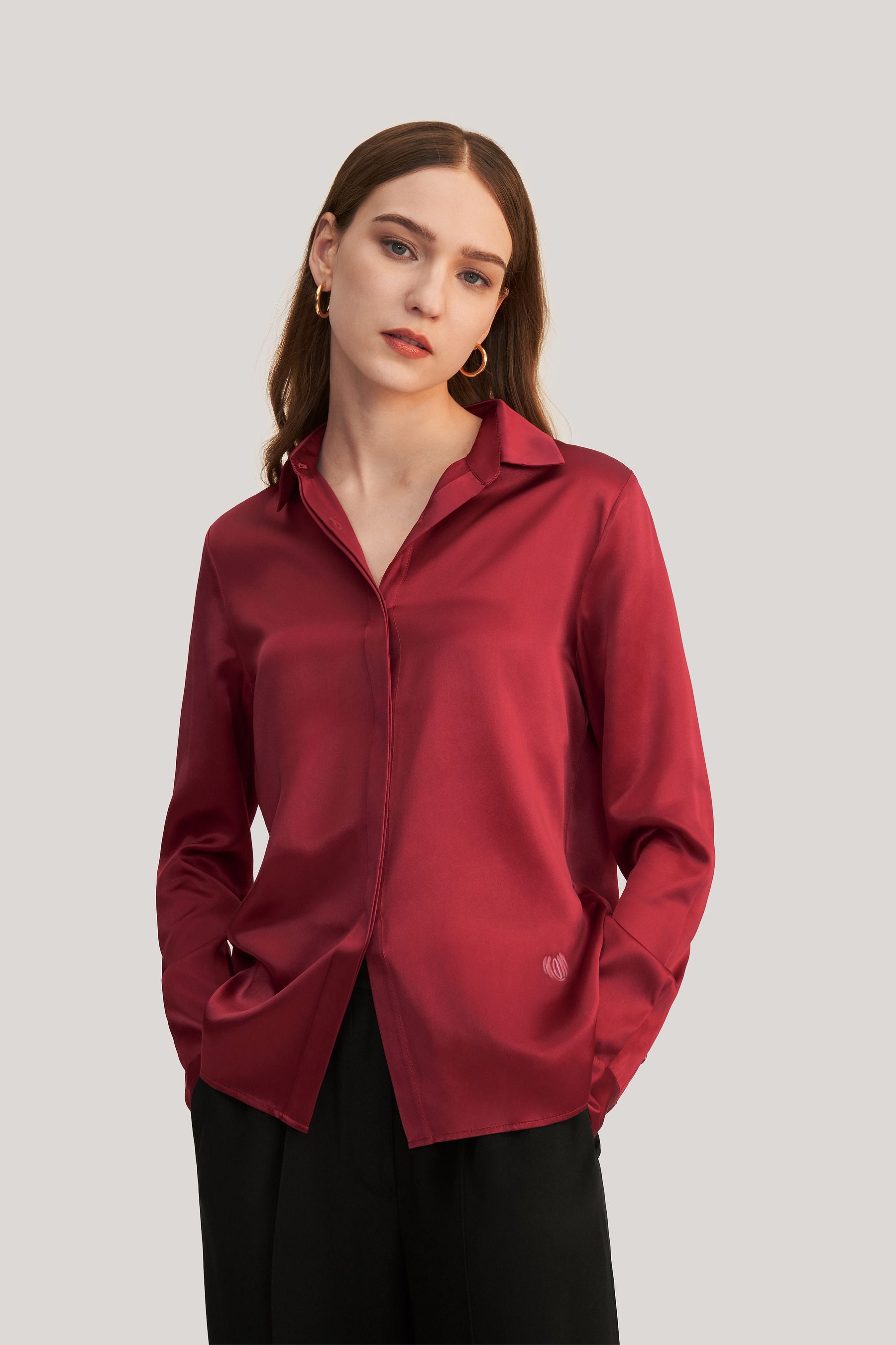 Basic Concealed Placket Silk Shirt