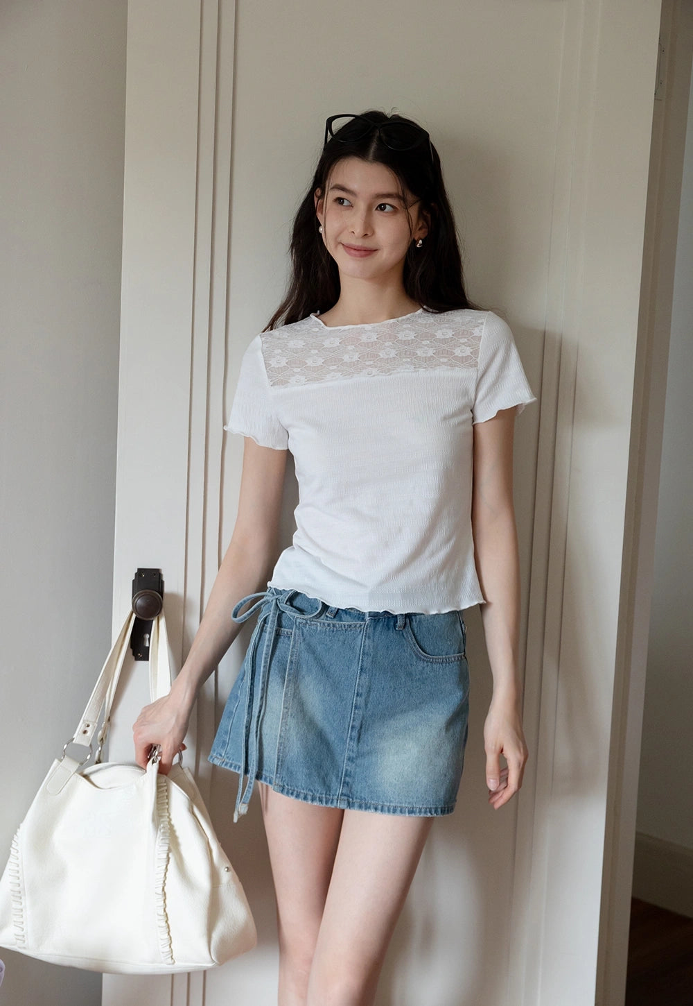 Women's White Lace Patchwork Tişört