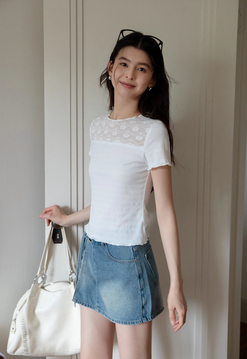 Women's White Lace Patchwork Tişört