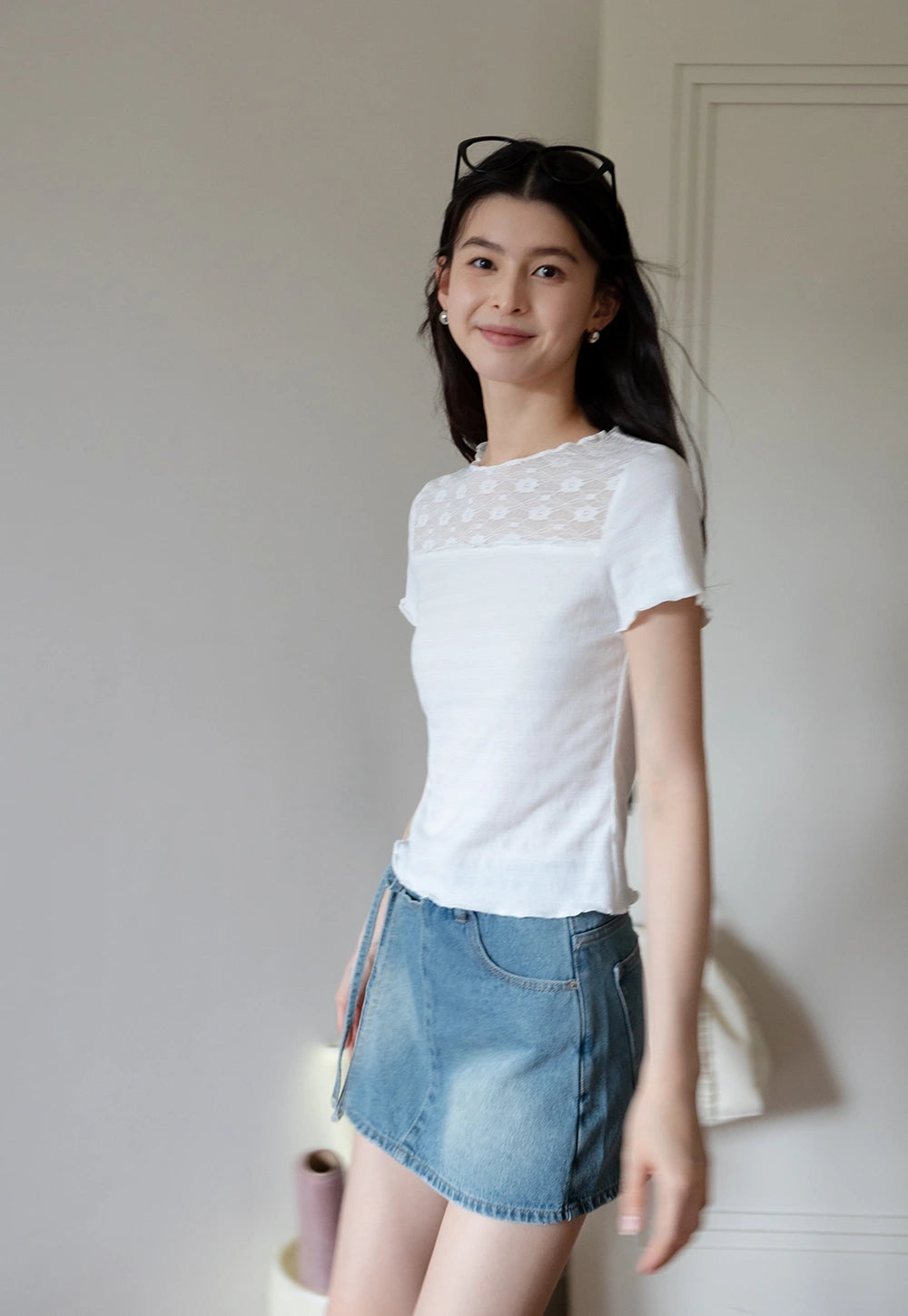 Women's White Lace Patchwork Tişört