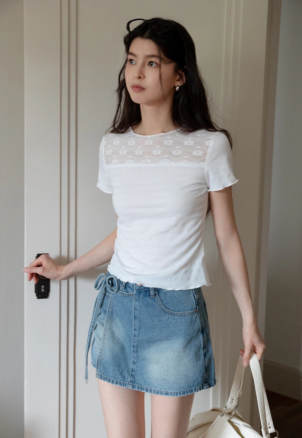Women's White Lace Patchwork Tişört
