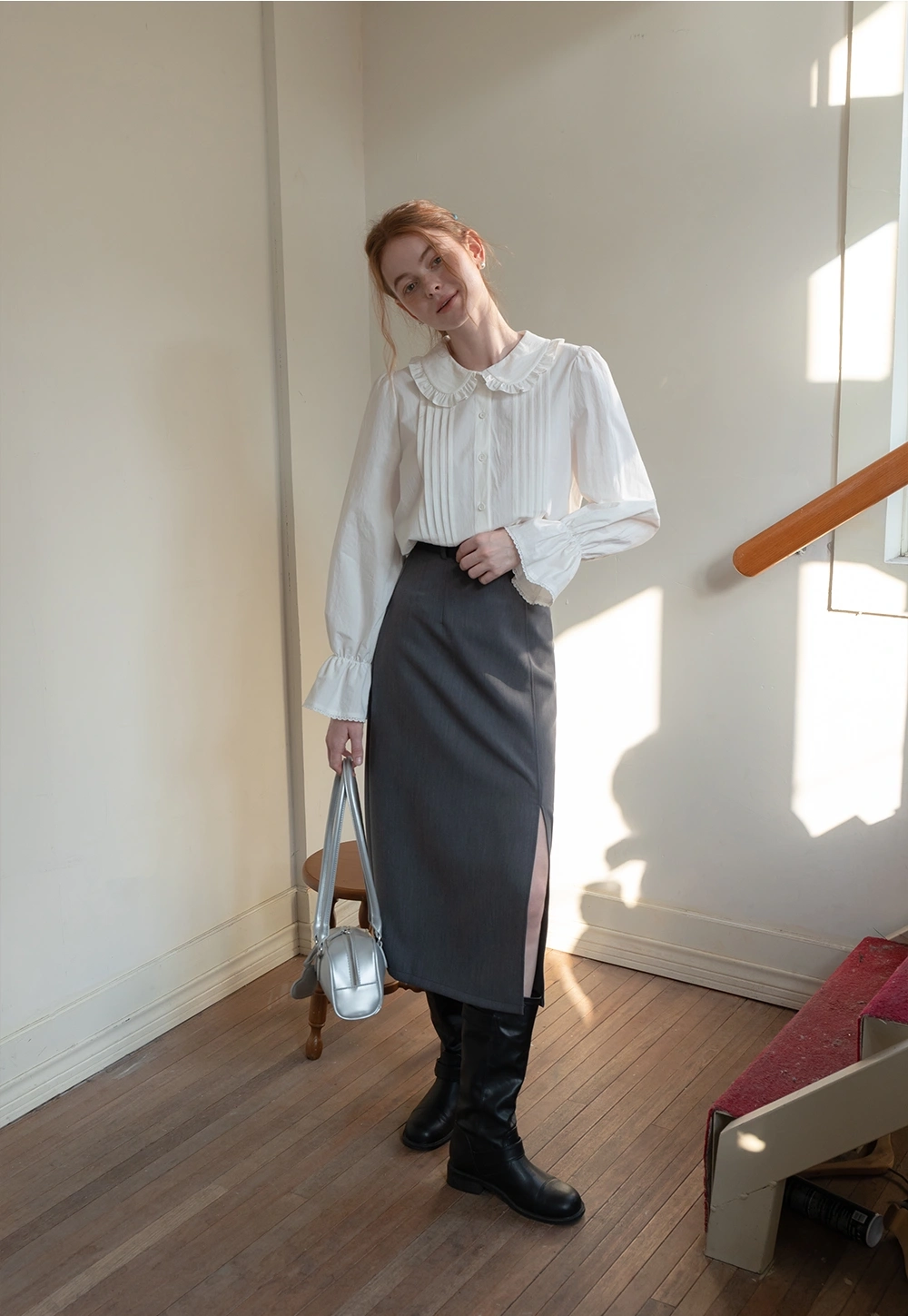 White Ruffle Collar Button-Up Gömlek