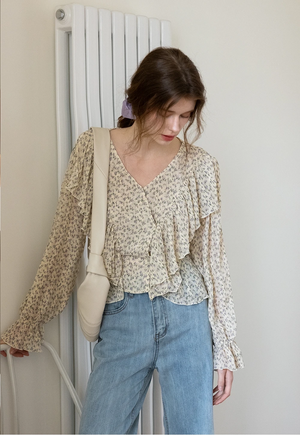 Women's V-Neck Ruffle Floral Bluz