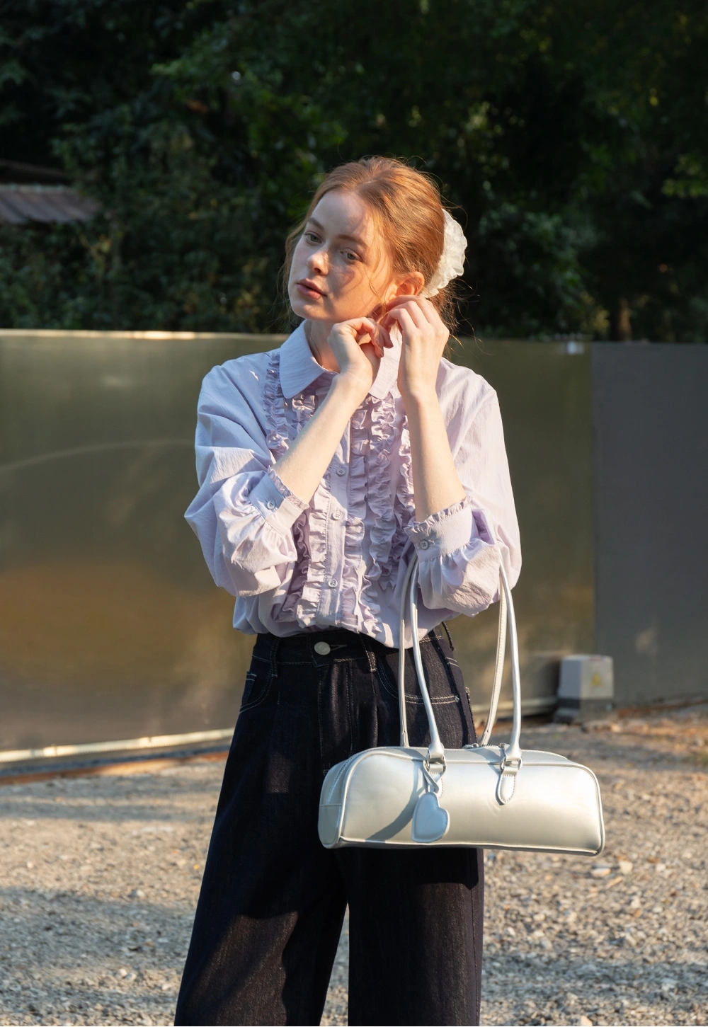 Lavender Ruffle-Front Button-Up Gömlek