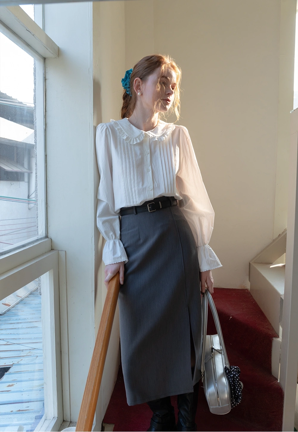 White Ruffle Collar Button-Up Gömlek