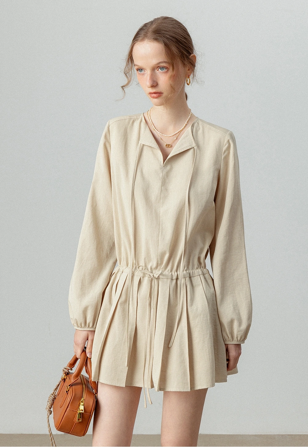 Women's V-Neck Tie-Waist Pleated Elbise