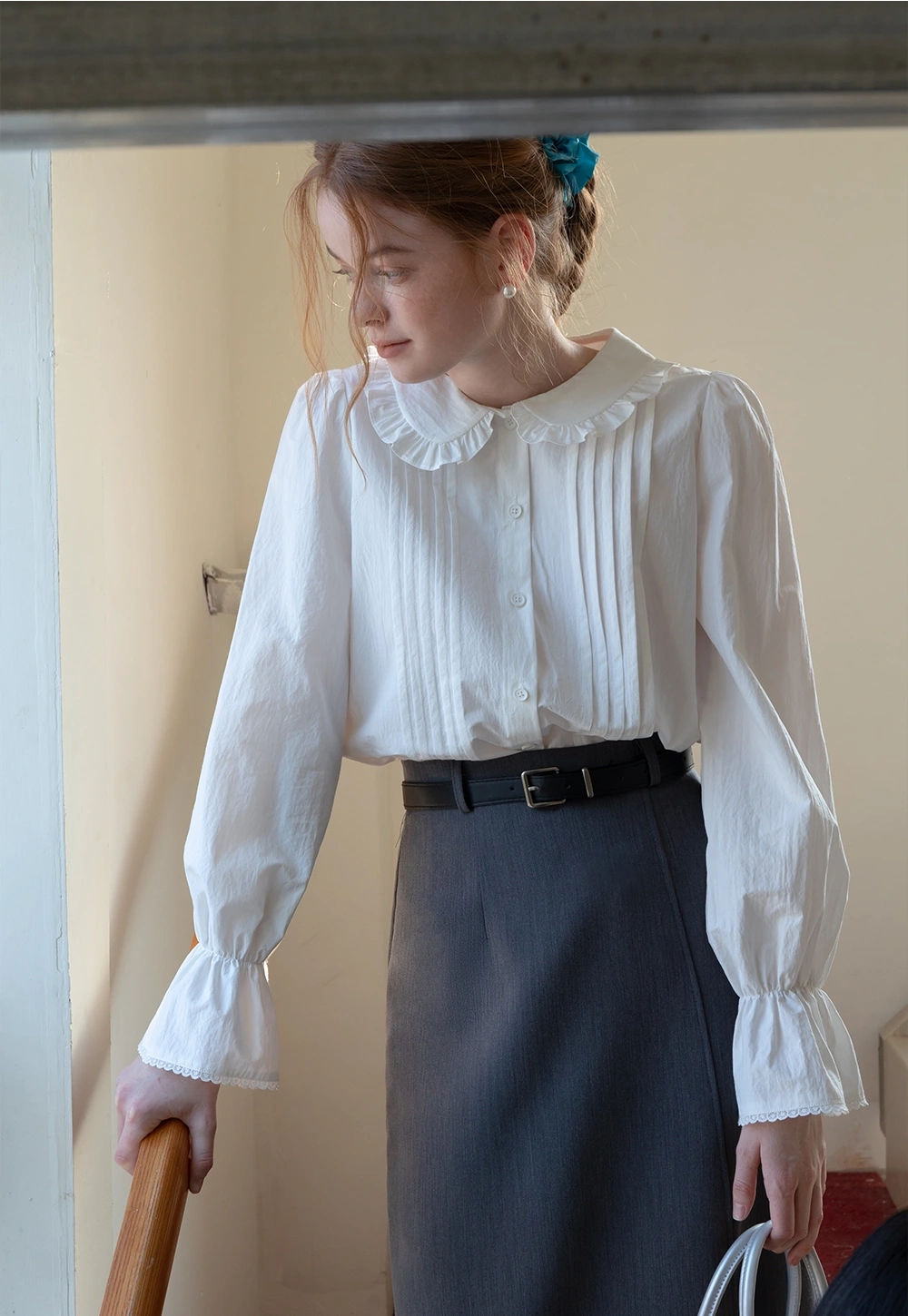 White Ruffle Collar Button-Up Gömlek