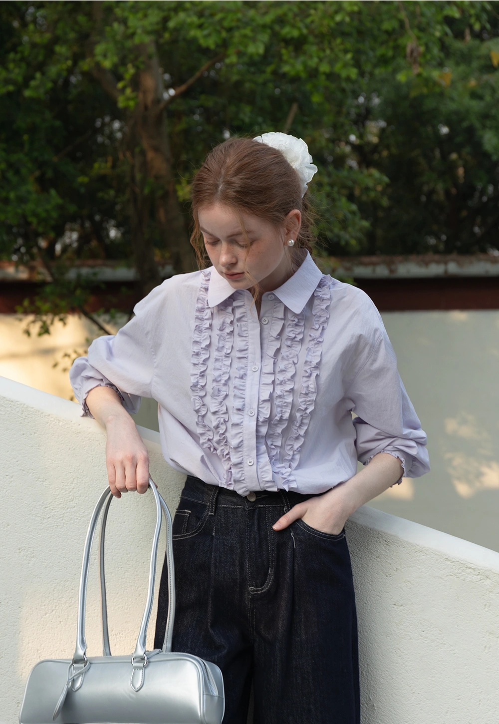 Lavender Ruffle-Front Button-Up Gömlek