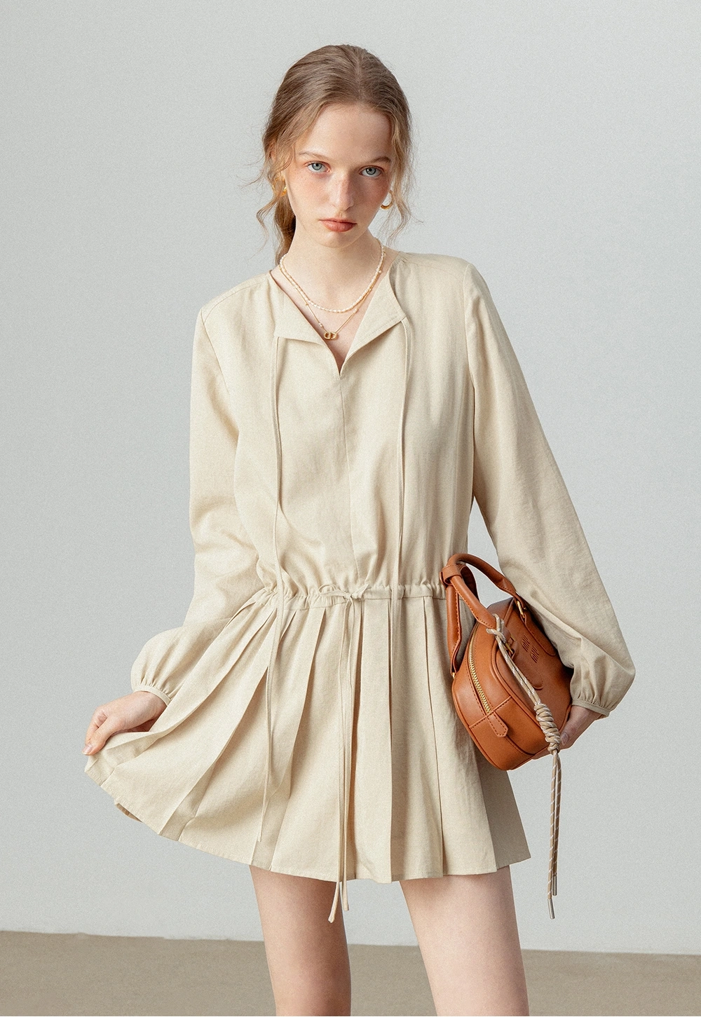 Women's V-Neck Tie-Waist Pleated Elbise
