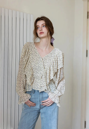 Women's V-Neck Ruffle Floral Bluz