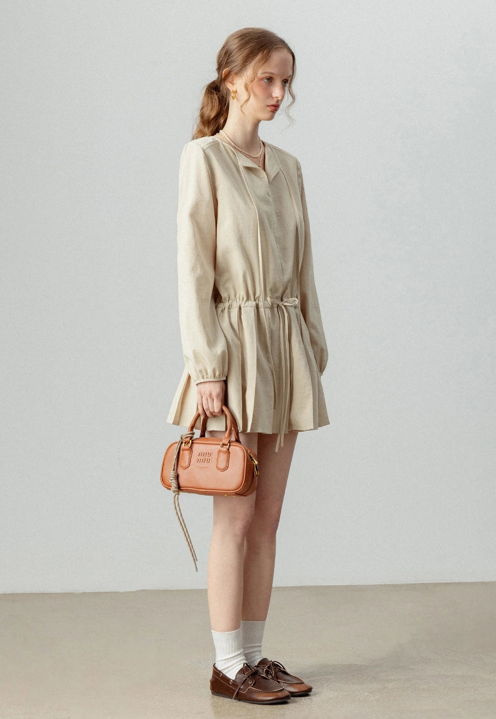 Women's V-Neck Tie-Waist Pleated Elbise