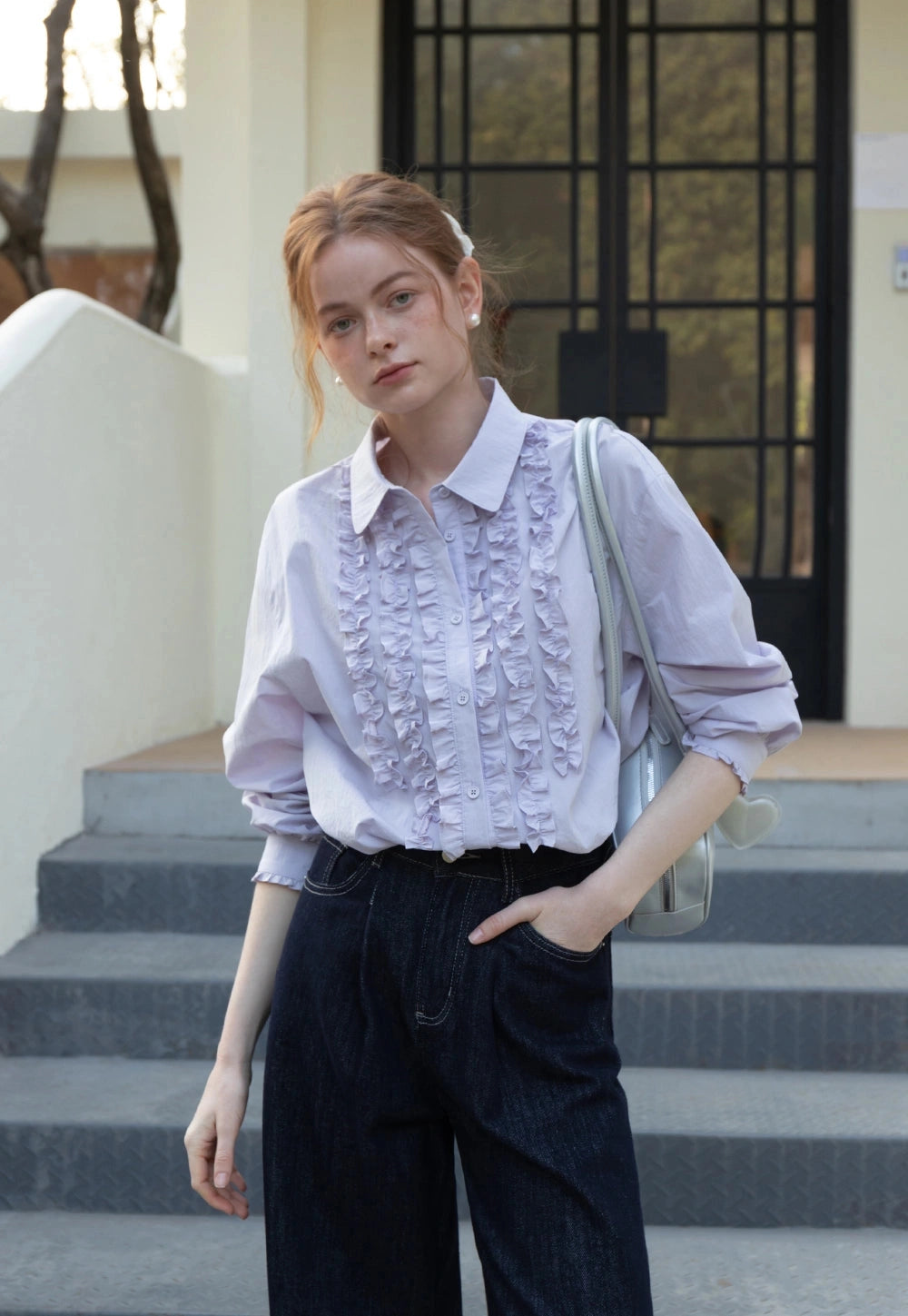 Lavender Ruffle-Front Button-Up Gömlek
