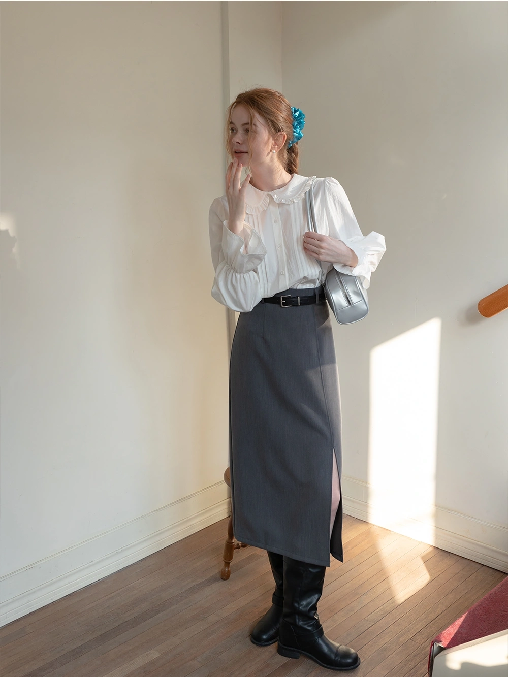 White Ruffle Collar Button-Up Gömlek