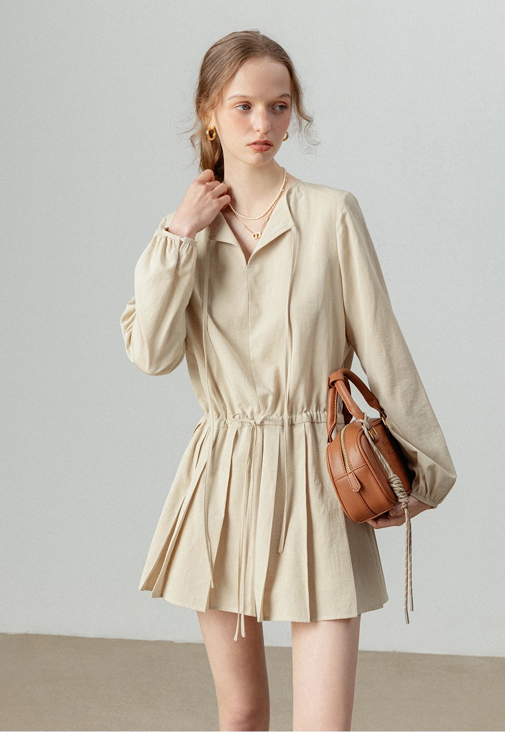 Women's V-Neck Tie-Waist Pleated Elbise