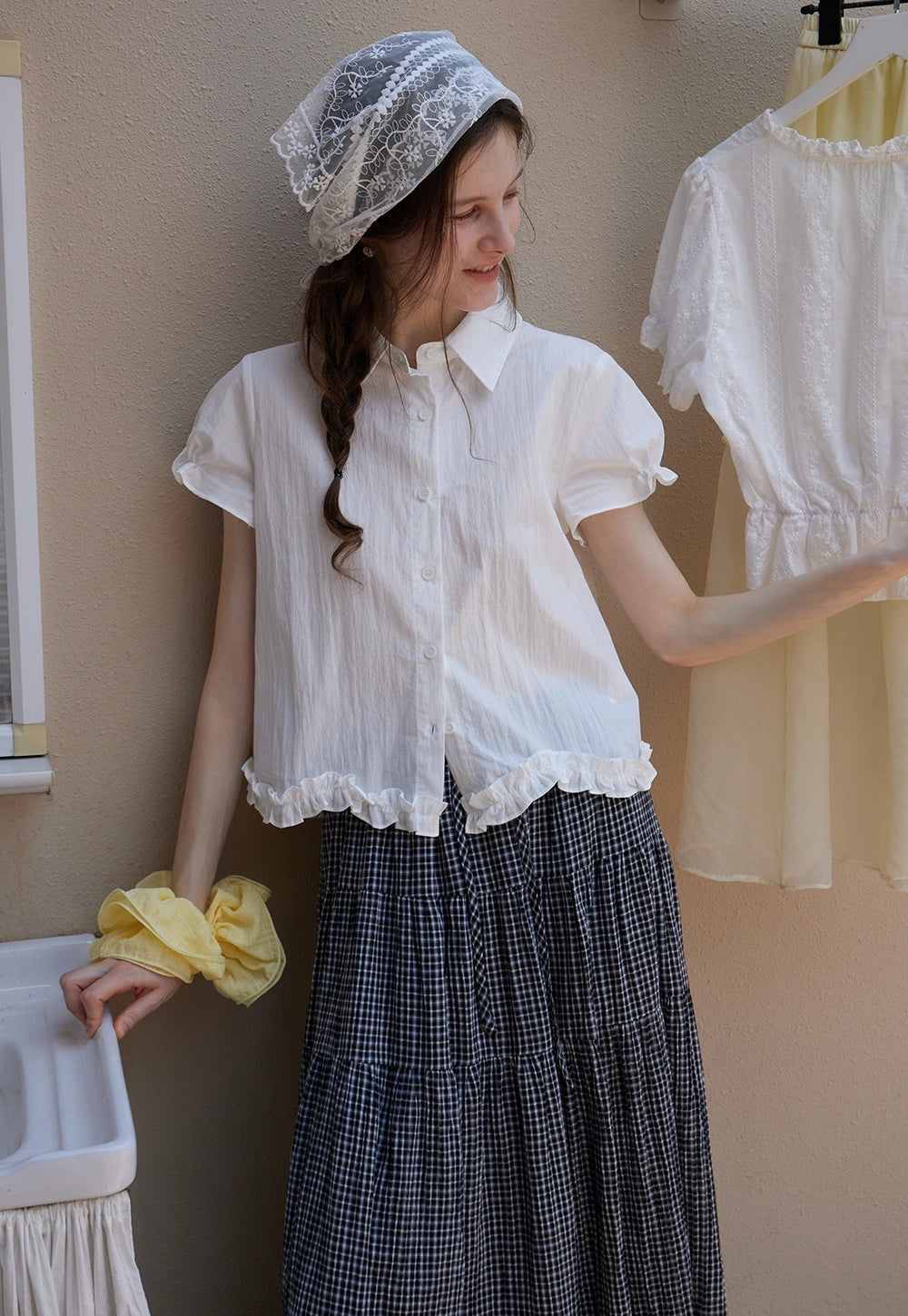 Lightweight Ruffle Trim Short Sleeve Gömlek