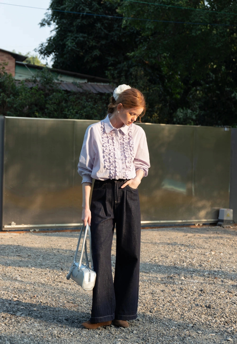 Lavender Ruffle-Front Button-Up Gömlek