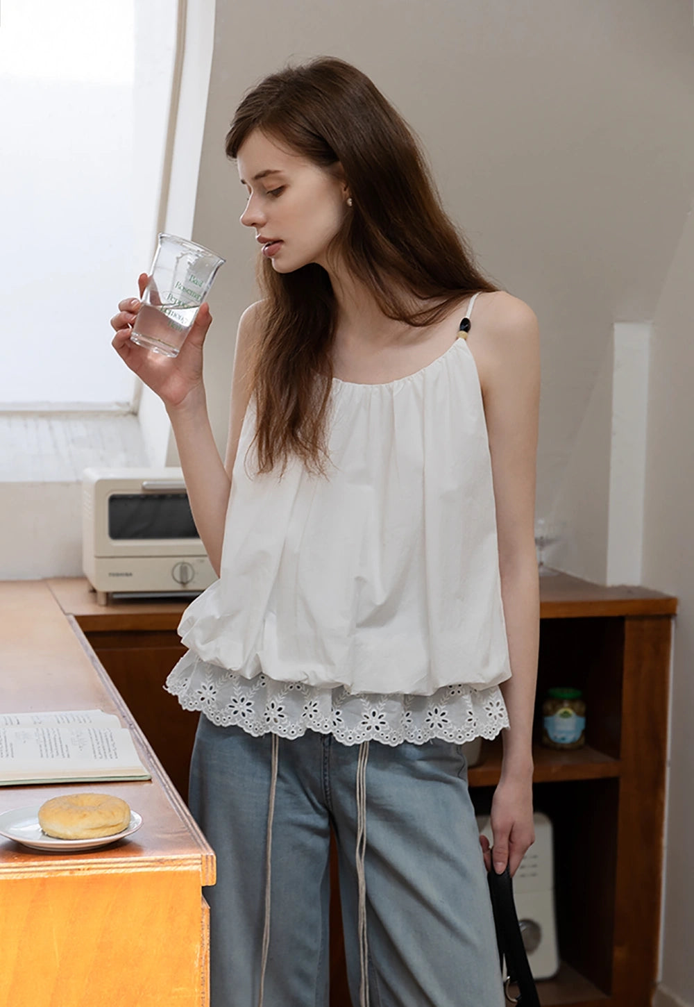 Blue Lace-Trimmed Spaghetti Tişört