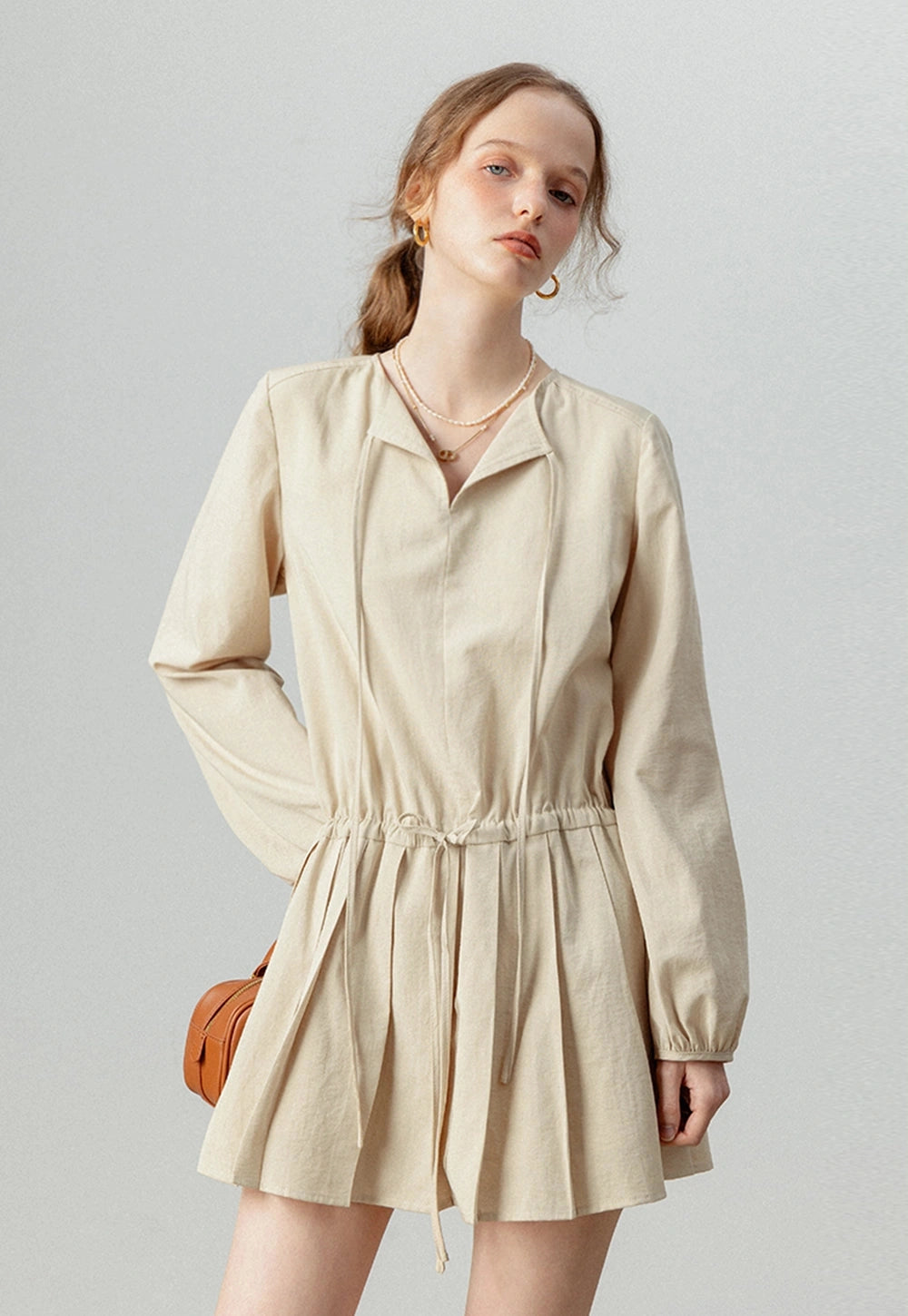 Women's V-Neck Tie-Waist Pleated Elbise