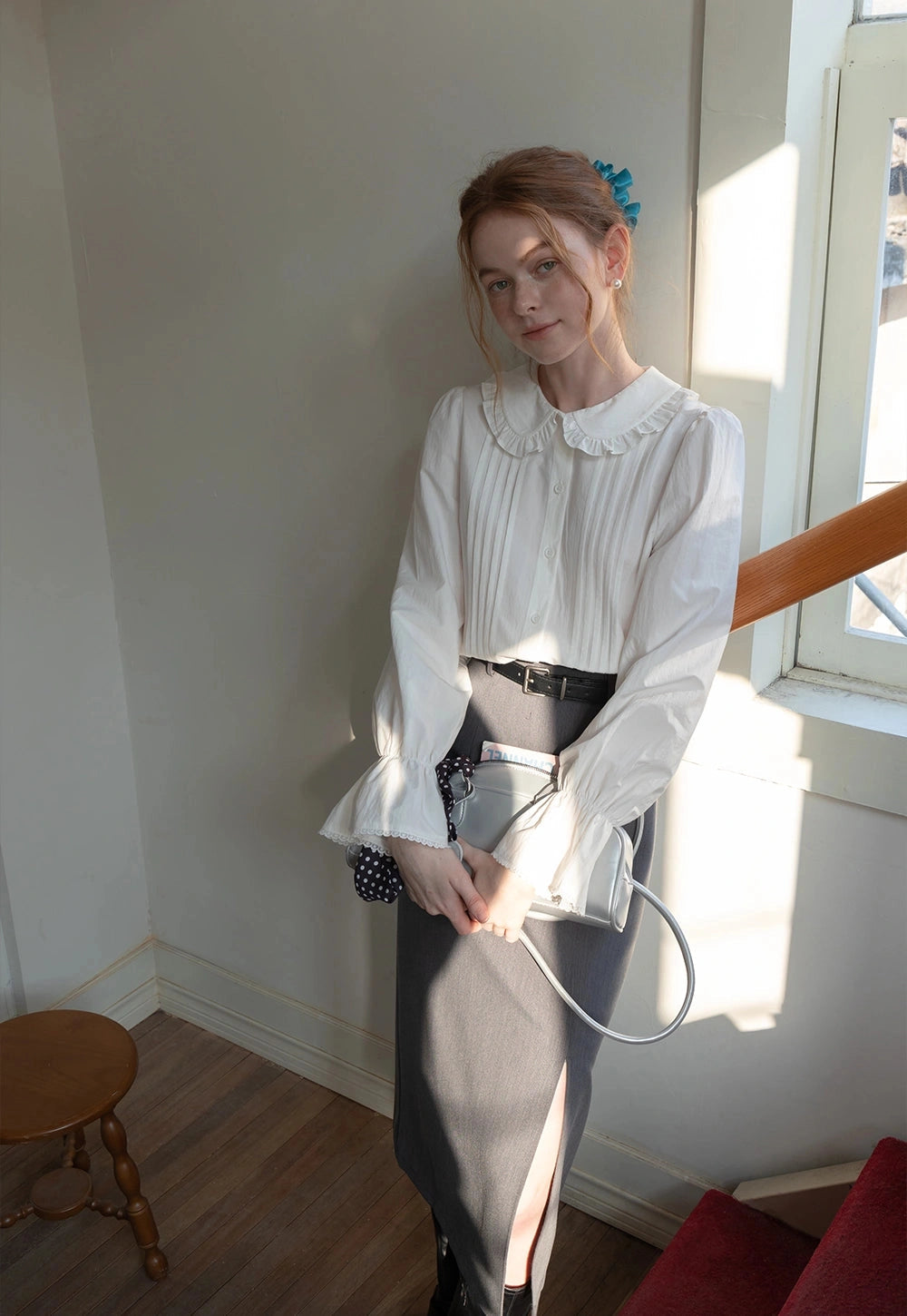 White Ruffle Collar Button-Up Gömlek