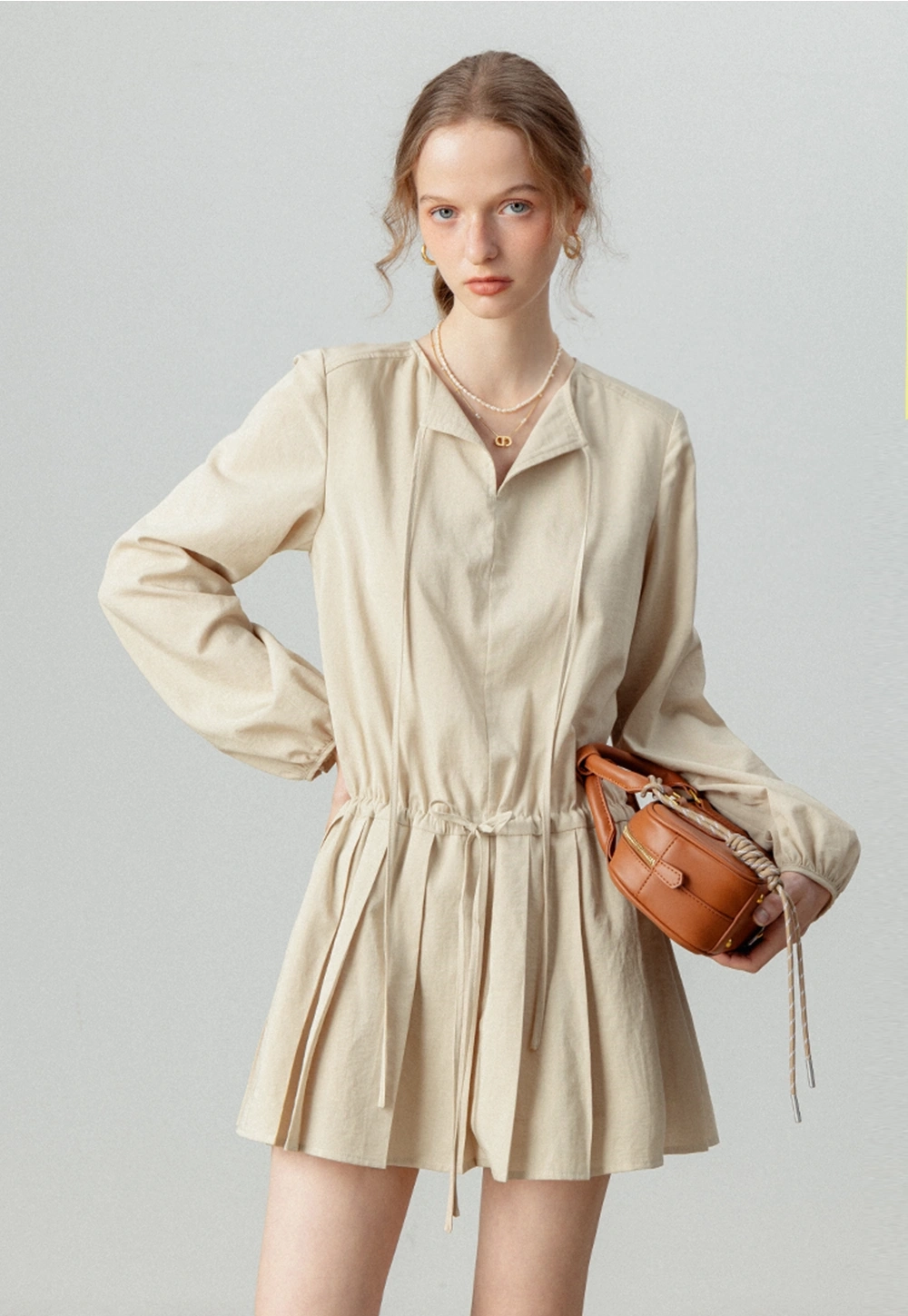 Women's V-Neck Tie-Waist Pleated Elbise