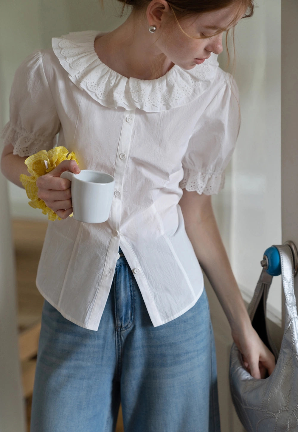 Embroidered Double Layer Lace Collar Tişört
