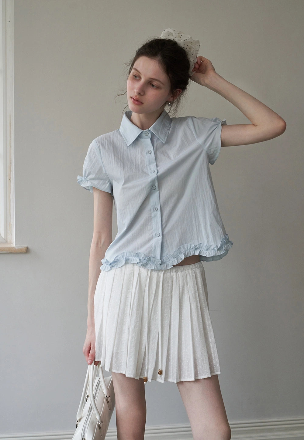 Lightweight Ruffle Trim Short Sleeve Gömlek