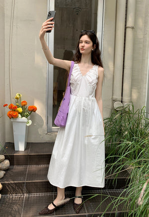 White Ruffled Strap A-Line Elbise