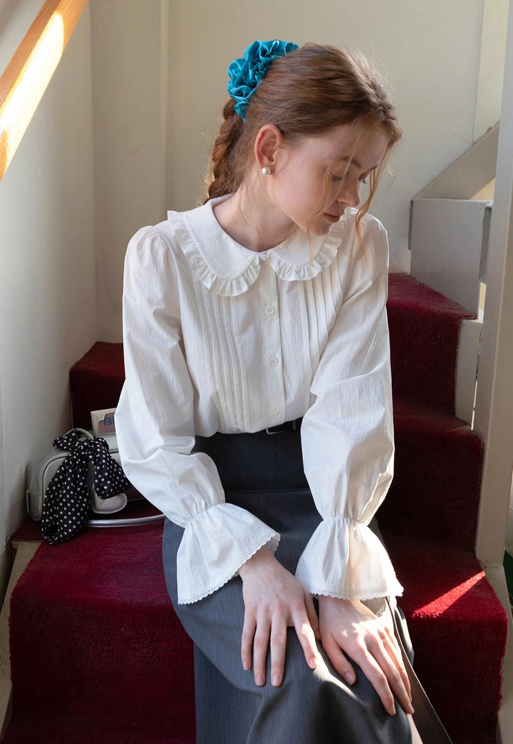 White Ruffle Collar Button-Up Gömlek