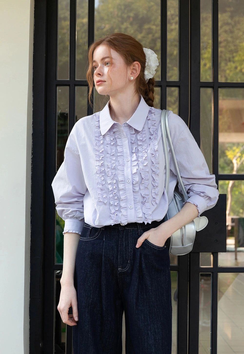 Lavender Ruffle-Front Button-Up Gömlek
